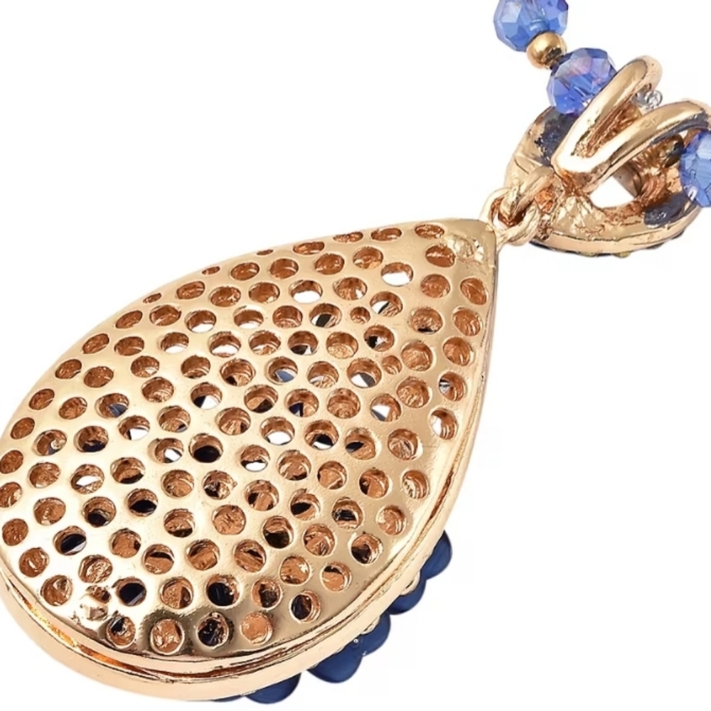 Royal Blue Floral Cat's Eye Teardrop  Crystal Bead Pendant Necklace Goldtone - Picture 5 of 6